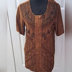 Every Wear Embroidered Button Up Tunic Blouse